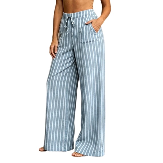 ATOYSOY Striped Print Linen Pants Women Drawstring Waist Side Inseam Pocket Breathable Woven Trousers For Home Outdoor Beach Everyday Casual Bottoms