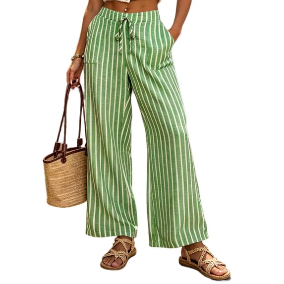 ATOYSOY Striped Print Linen Pants Women Drawstring Waist Side Inseam Pocket Breathable Woven Trousers For Home Outdoor Beach Everyday Casual Bottoms