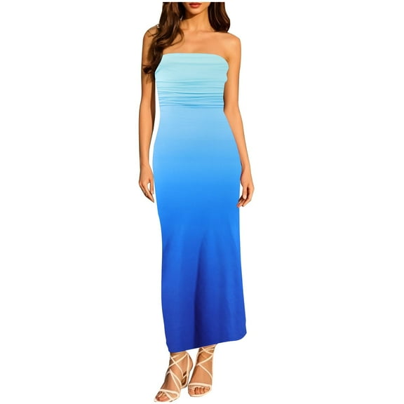 ATOYSOY Summer Dresses for Women 2025 Crew Neck Ruched Strapless Dress Summer Sundresses Gradient Color Casual Dresses Loose Sleeveless Beach (Blue,L)