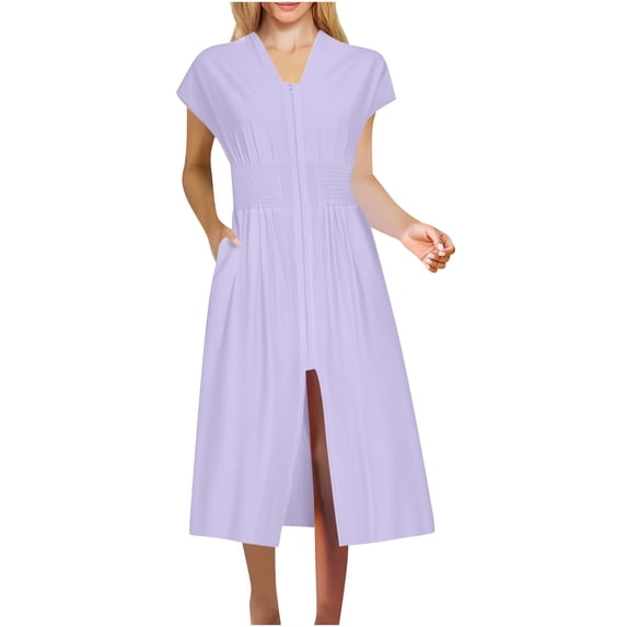 ATOYSOY Summer Dresses for Women 2025 V-Neck Front Fold Pleated Elegant Comfortable Midi Dress with Pocket Summer Solid Color Short Sleeve Casual Dresses Loose Beach Sundresses (Purple,XL)