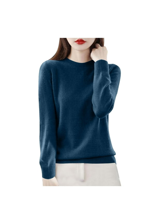 Sweaters for Women Winter fall Knit Long Sleeve Tops Slim Turtleneck Sweaters Tops crew neck Pullover Blue L