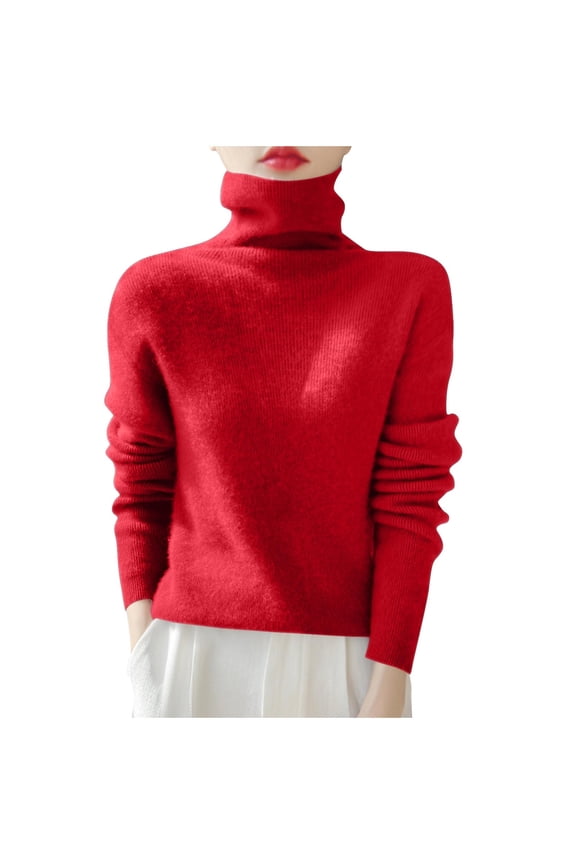 Sweaters for Women Winter fall Knit Long Sleeve Tops Slim Turtleneck Sweaters Tops high neck Pullover Red XXL
