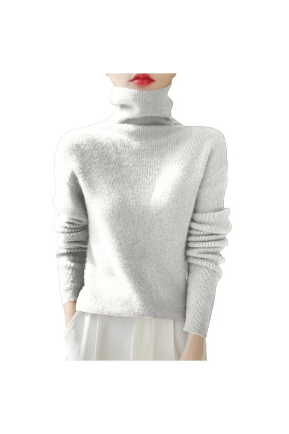 Sweaters for Women Winter fall Knit Long Sleeve Tops Slim Turtleneck Sweaters Tops high neck Pullover White L