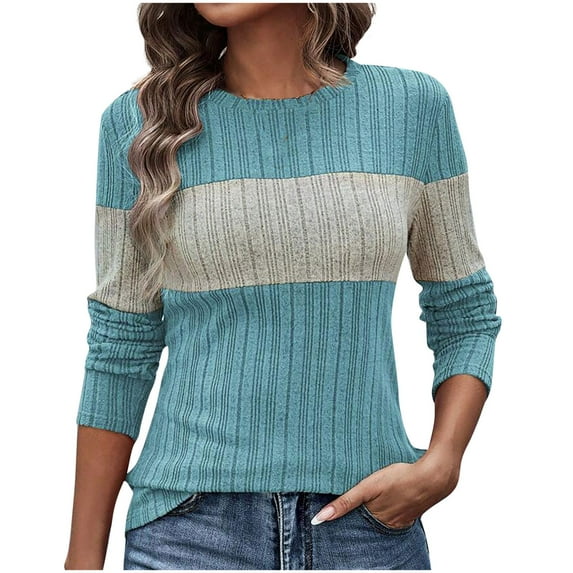 ATOYSOY Trendy Color Block Tops Casual Ribbed Round Neck Pullovers Long Sleeve Sweatshirts Outwear Fall Loose Knitted Shirts for Women Blue XL