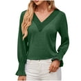 thumbnail image 1 of ATOYSOY Trendy Patchwork Tops Ruffle Casual Elegant Cotton Linen Outwear Fall Long Sleeve Business Tees Loose Lace Crochet Shirts for Women Clearance V Neck Pullovers Green M, 1 of 8