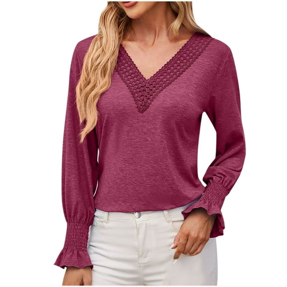 ATOYSOY Trendy Patchwork Tops Ruffle Casual Elegant Cotton Linen Outwear Fall Long Sleeve Business Tees Loose Lace Crochet Shirts for Women V Neck Pullovers Purple S