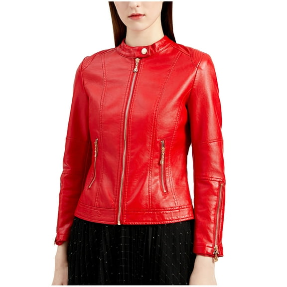 ATOYSOY Trendy Solid Color Cropped Coat Long Sleeve Tops Outwear Casual Leather Loose Motorcycle Biker Jackets for Women Zipper Cardigan Pockets Fall Winter Red XL