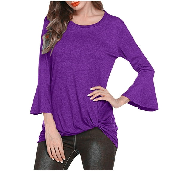 ATOYSOY Trendy Solid Color Tops Casual Dressy Tunic Loose Shirts for Women Outwear Fall Round Neck Pullovers Flared Sleeve Tees Purple S