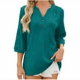 thumbnail image 1 of ATOYSOY Trendy Solid Color Tops Casual Elegant Outwear Fall V Neck Button Pullovers Loose Ribbed Shirts for Women 3/4 Sleeve Business Tees Blue M, 1 of 8