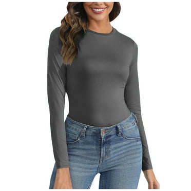 ATOYSOY Trendy Solid Color Tops Casual Round Neck Pullovers Clearance Outwear Fall Slim Basic Shirts for Women Long Sleeve Tees Gray M