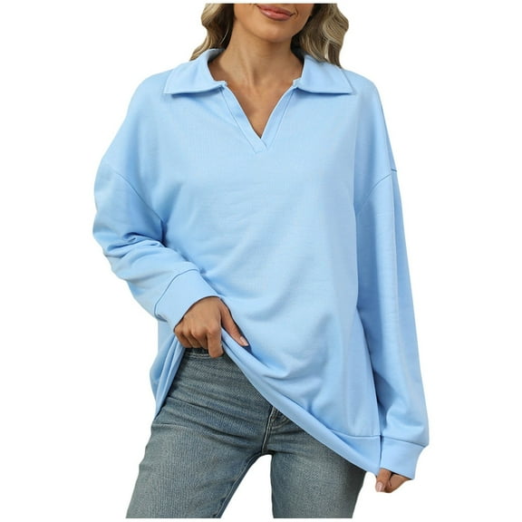 ATOYSOY Trendy Solid Color Tops Drop Shoulder Long Sleeve Tees Lapel V Neck Pullovers Casual Cotton Linen Outwear Fall Loose Shirts for Women Blue XL