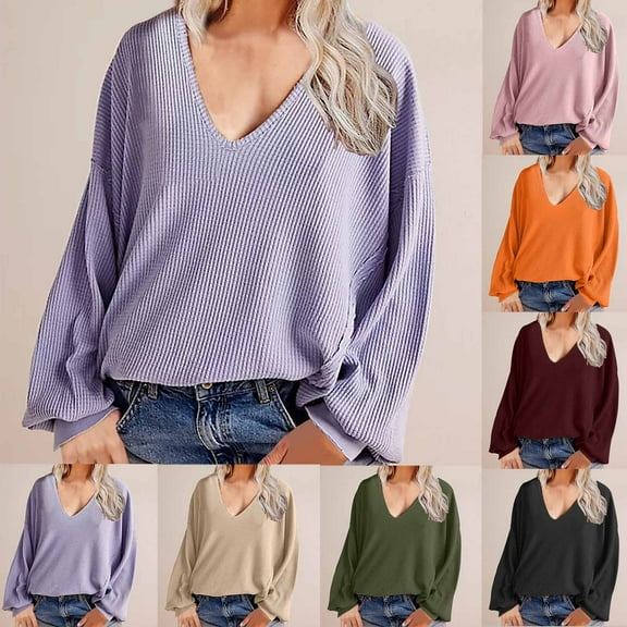 ATOYSOY Trendy Solid Color Tops Long Sleeve Tees V Neck Pullovers Outwear Fall Casual Cotton Linen Loose Corduroy Shirts for Women Green L