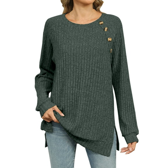 ATOYSOY Trendy Solid Color Tops Side Split Round Neck Button Pullovers Long Sleeve Sweatshirts Outwear Fall Casual Ribbed Loose Knitted Shirts for Women Green S