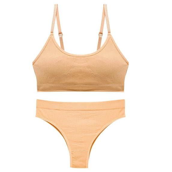 ATOYSOY Underwear Sets Everyday Bra Wireless Underpants Briefs Breathable Push Up Underwear Workout Solid Color Girls Teens Seamless Smoothing Comfort Bra Beige
