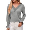 thumbnail image 1 of ATOYSOY V Neck Pullovers Loose Lace Crochet Shirts for Women Casual Elegant Cotton Linen Outwear Fall Patchwork Tops Ruffle Long Sleeve Business Tees Trendy Clearance Gray L, 1 of 8