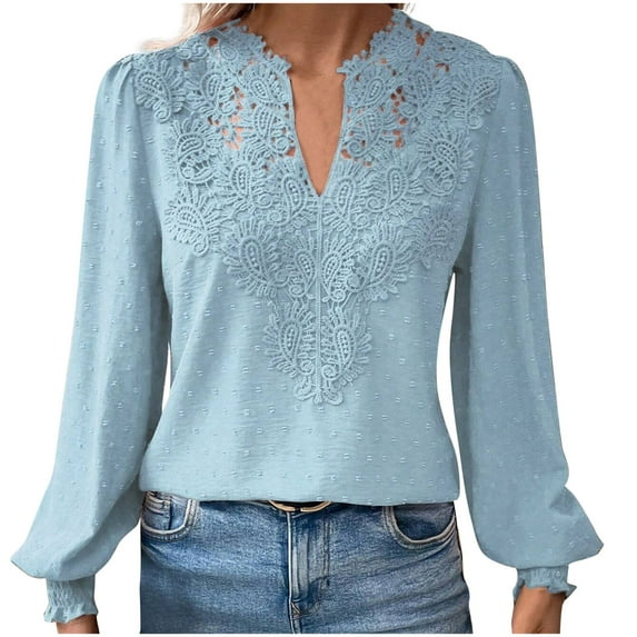 ATOYSOY V Neck Pullovers Loose Lace Shirts for Women Solid Color Tops Long Sleeve Tees Casual Lace Crochet Trendy Outwear Fall Clearance Blue S