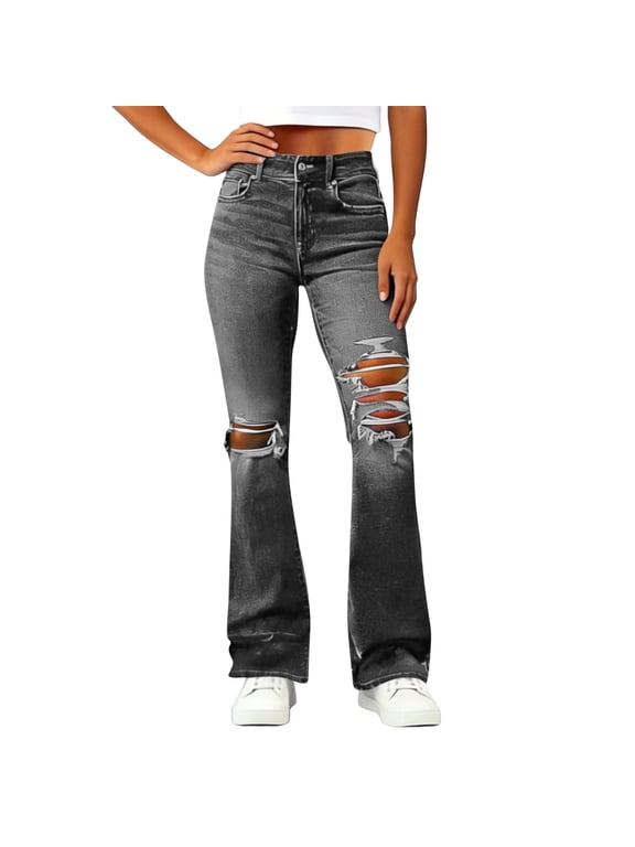 Vintage Bottoms Flare Jeans for Women 90s High Waist Ripped Distressed Wide Leg High Waisted Denim Pants