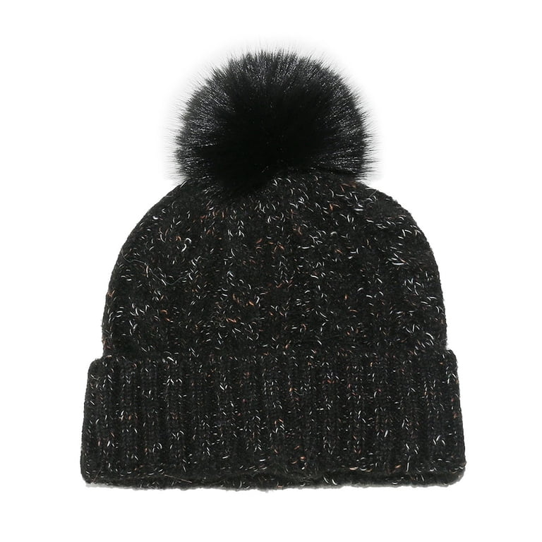 Womens Girls Black Metallic Knit Beanie Pom Pom Winter Hat display picture 1
