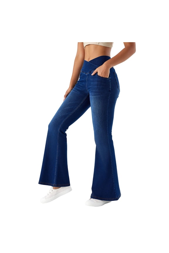 Wide Leg Bottom Jeans for Women High Waisted Stretchy Flare Jeans Pull On Flared Pants with Pockets