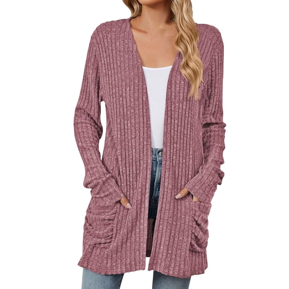 ATOYSOY Winter Fall Sweaters with Pockets Lightweight Long Sleeve Sweatshirts Ribbed Workout Loose Midi Jackets for Women Casual Knitted Cardigans Open Front Coat Purple L