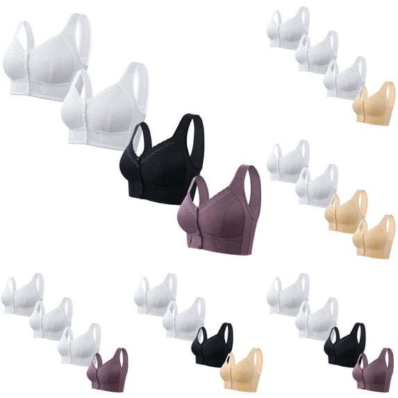 ATOYSOY Wireless Bra for Women 4 Pack, Front Closure Button Everyday Bra Multi Pack Seamless Solid Color Underwear Push Up Bralette Breathable Comfort Bra Workout Beige L