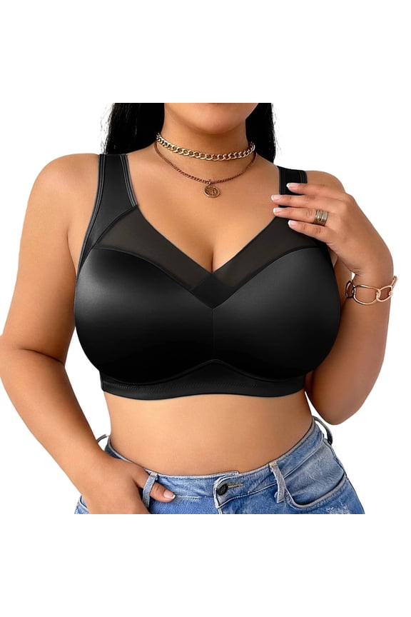 Wireless Side Support Bra For Large Breasts Wide Adjustable Strap V Neck Upper Sheer Mesh Splice Sleek Solid Extra Wide Side Wing Full Bust Lift Bralette No Underwire Solid Formal Daily Wear