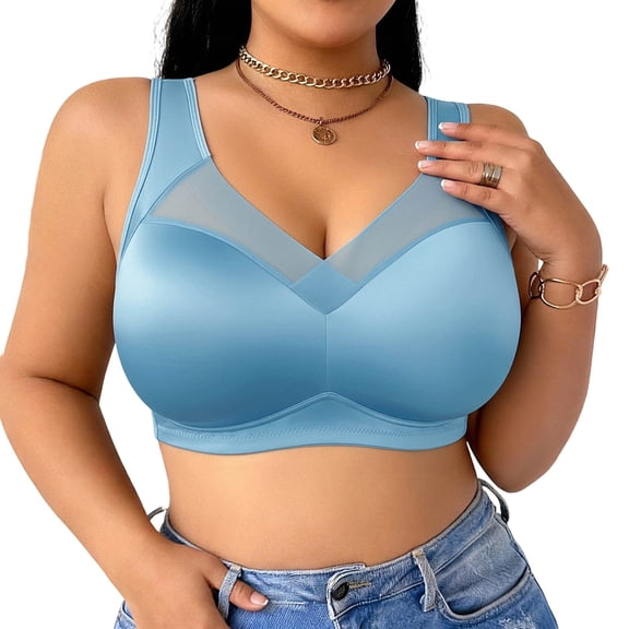 ATOYSOY Wireless Side Support Bra For Large Breasts Wide Adjustable Strap V Neck Upper Sheer Mesh Splice Sleek Solid Extra Wide Side Wing Full Bust Lift Bralette No Underwire Solid Formal Daily Wear
