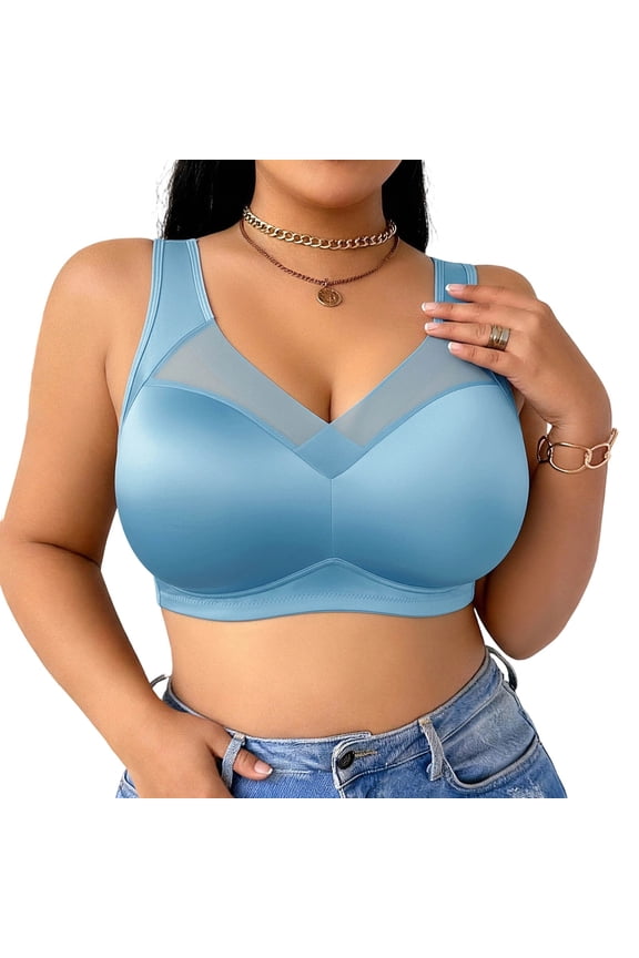 Wireless Side Support Bra For Large Breasts Wide Adjustable Strap V Neck Upper Sheer Mesh Splice Sleek Solid Extra Wide Side Wing Full Bust Lift Bralette No Underwire Solid Formal Daily Wear