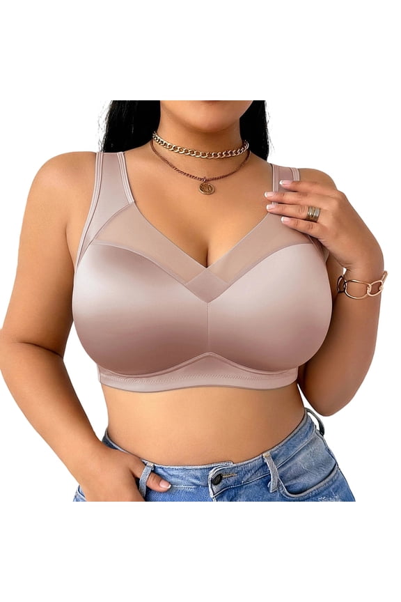 Wireless Side Support Bra For Large Breasts Wide Adjustable Strap V Neck Upper Sheer Mesh Splice Sleek Solid Extra Wide Side Wing Full Bust Lift Bralette No Underwire Solid Formal Daily Wear
