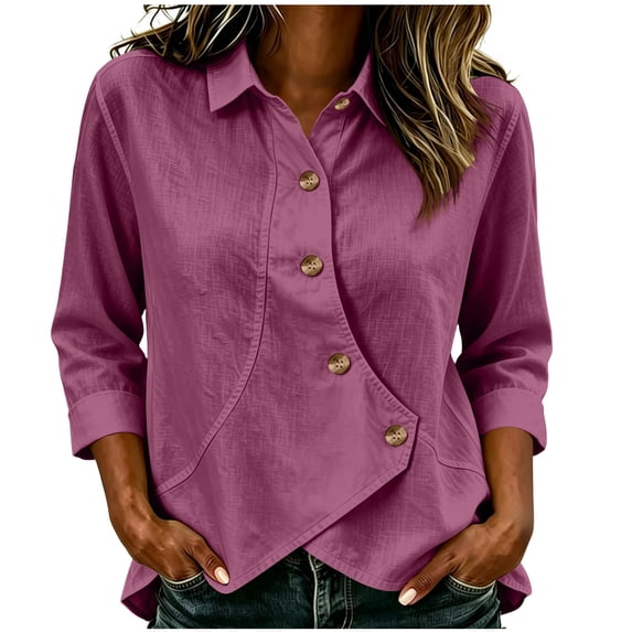 ATOYSOY Women Collared 3/4 Sleeve Asymmetric Button Down Shirt Irregular Curved Hem Linen Mix Loose Fitted Pullover Blouse Solid Color Casual Office Daily Travel Shopping Outfit