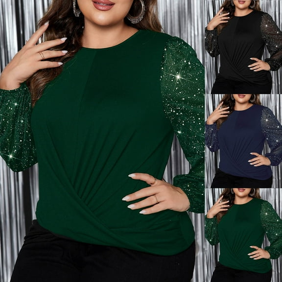 ATOYSOY Women Sequin Tops Sparkle Long Sleeve Blouses Shimmer Glitter Party Crewneck Loose Shirts Black XXL