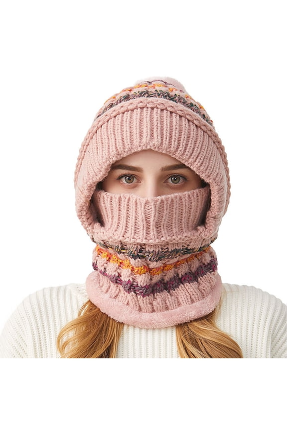 Women Winter Beanie Hats Fleece Lined Knit Balaclavas Set Neck Scarf Ski Snow Hat Pompom (Pink,Free Size)
