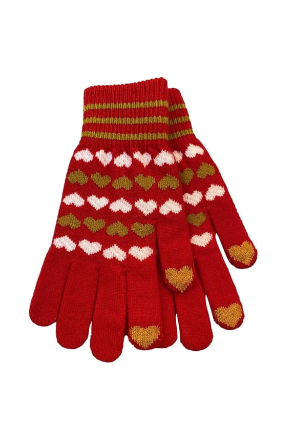 Women Winter Knit Gloves Thermal Warm Heart Printed Gloves Cold Weather Fleece Warm Trendy Glove (Red,Free Size)