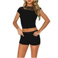 thumbnail image 1 of ATOYSOY Women's 2 Piece Sets Slim Tracksuit Pajama Lounge Sets Lace Crochet Short Sleeve Round Neck Casual Comfy Relaxed Hot Shorts Workout Trendy Summer Outfits Black, 1 of 4