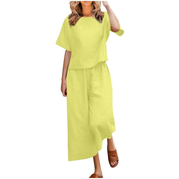ATOYSOY Women's 2Pc Cotton Lined Tracksuits Solid Color Capri Loose Pants Casual Comfy Relaxed Workout Summer Outfits Short Sleeve Trendy Round Neck Beach Yellow L