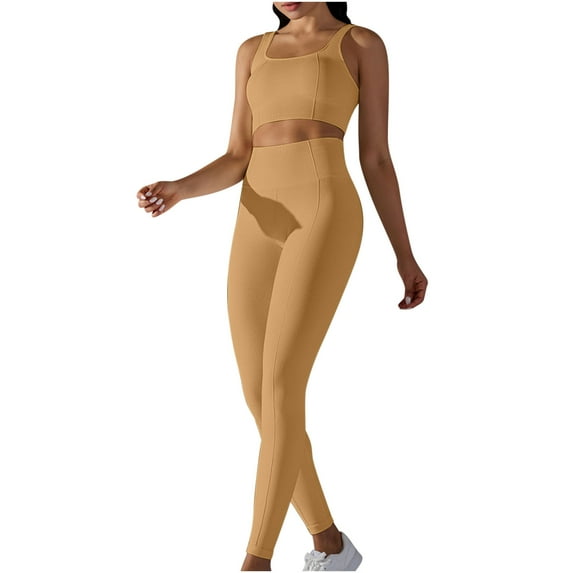 ATOYSOY Women's 2Pc Outfits Yoga Legging Sets Tracksuit Sleeveless Tank Tops Activewear High Waist Athletic Pants Summer Trendy Running Sports Casual Trousers Yellow