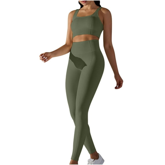 ATOYSOY Women's 2Pc Outfits Yoga Legging Sets Tracksuit Sleeveless Tank Tops Activewear High Waist Athletic Pants Summer Trendy Running Sports Casual Trousers Green