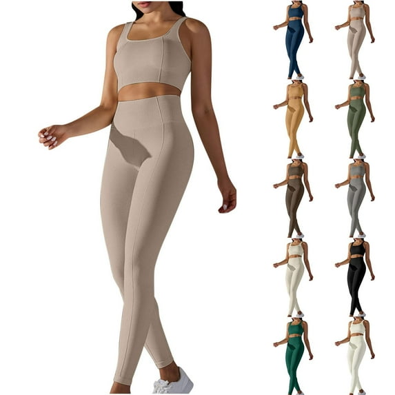ATOYSOY Women's 2Pc Outfits Yoga Legging Sets Tracksuit Sleeveless Tank Tops Activewear High Waist Athletic Pants Summer Trendy Running Sports Casual Trousers Green