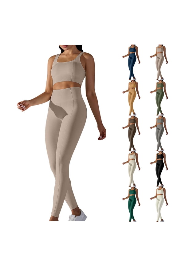 Women's 2Pc Outfits Yoga Legging Sets Tracksuit Sleeveless Tank Tops Activewear High Waist Athletic Pants Summer Trendy Running Sports Casual Trousers Green