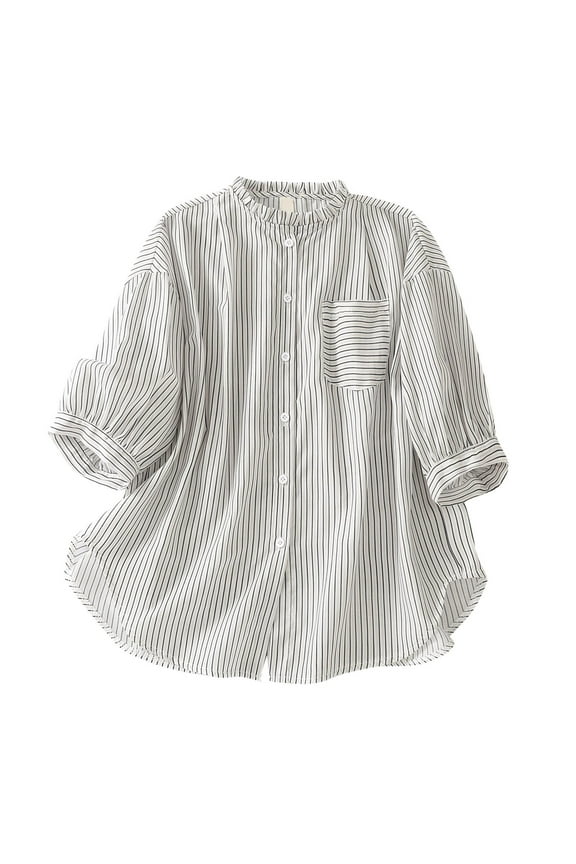 Women's 3/4 Sleeve Blouses Spring Loose Cotton Lined Shirts Striped Pullovers Casual Trendy Button Sewatshirts Stand Collar Tops Tunic Fall Workout White M