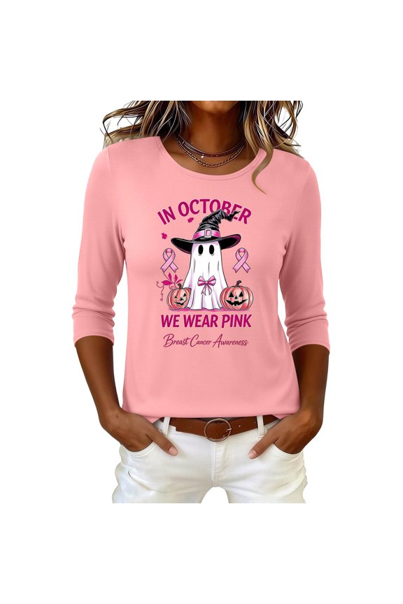 Women's 3/4 Sleeve Breast Health Awareness Rose Ribbon T-Shirt Pumpkin Ghost Long Sleeve Tee Tops October We Wear Rose Shirt Health Halloween Top