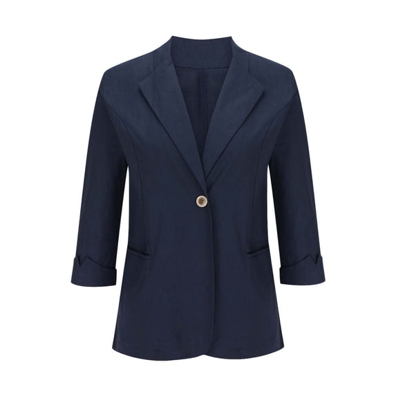 ATOYSOY Women's 3/4 Sleeve Button Front Cardigan Plus Size Blazer Suit with Pockets Versatile Solid Work Coat Business Attire Casual Lined Lapel Open Front Jacket Trendy Blue L