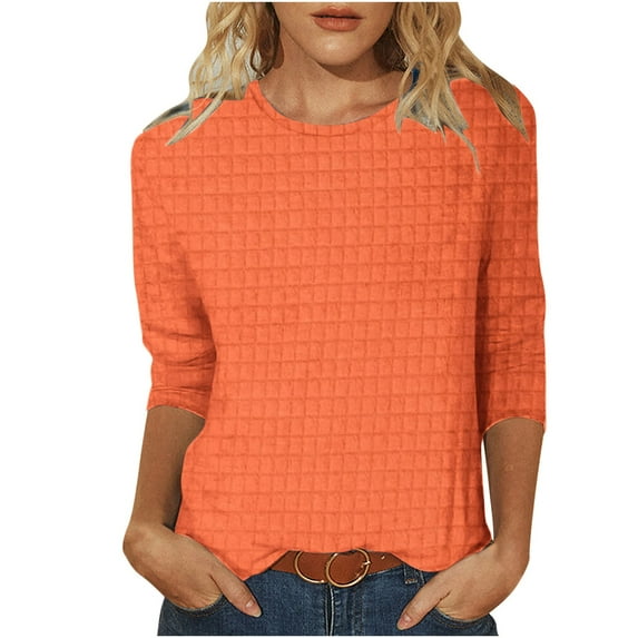 ATOYSOY Women's 3/4 Sleeve Cotton Lined Tees Loose Basic Tops Trendy Workout Solid Color Blouses Clearance Relaxed Comfy Casual Round Neck Shirts Fall Orange L
