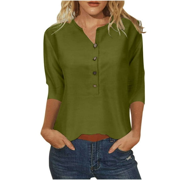 ATOYSOY Women's 3/4 Sleeve Half Button T Shirts Loose Basic Tops V Neck Pullover Regular Fit Trendy Solid Color Tees Retro Causal Workout Comfy for Girls Green S