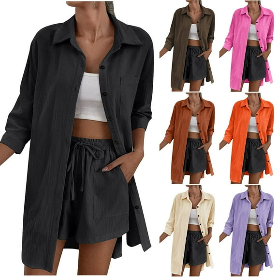 ATOYSOY Women's 3/4 Sleeve Tees Fall Winter Loose Midi Tops Turn Down Collar Button Sweatshirts Outwear Retro Fashion Casual Shirts Solid Color Cardigan Workout Beige L