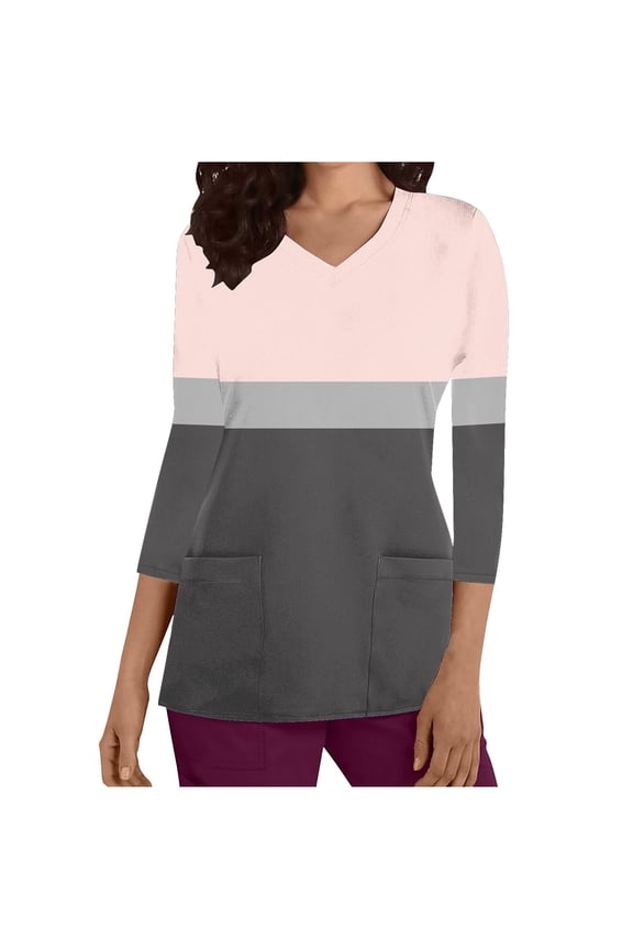 Women's 3/4 Sleeve Tees Fall Winter Loose Scrubs Tops Pockets Casual Shirts Solid Color Pullover with Pockets Workout V Neck Sweatshirts Outwear Fashion Pink XL