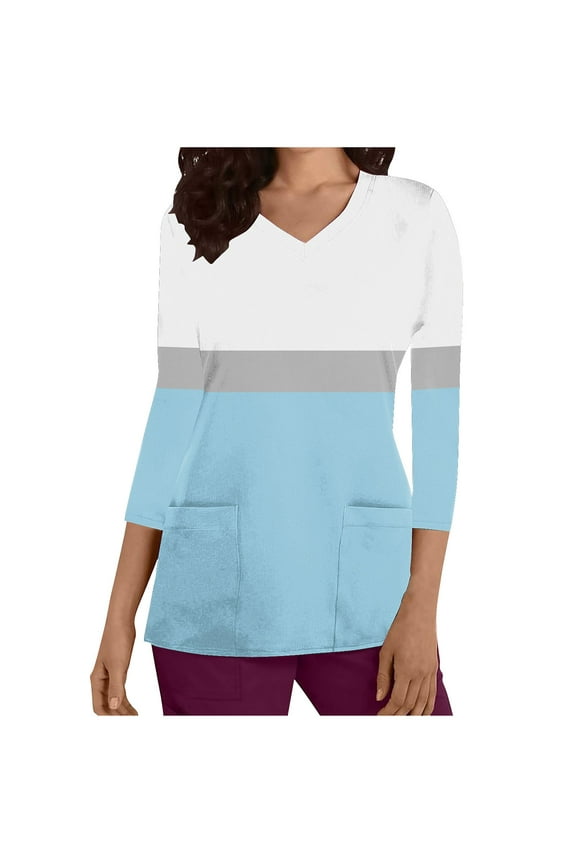 Women's 3/4 Sleeve Tees Fall Winter Loose Scrubs Tops Pockets Casual Shirts Solid Color Pullover with Pockets Workout V Neck Sweatshirts Outwear Fashion White L