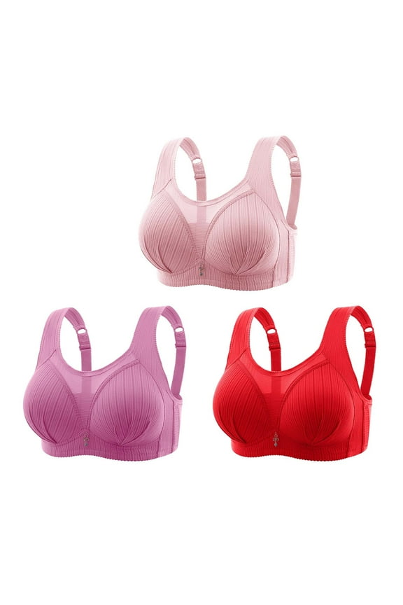 Women's 3 Pack Plus Size Everyday Bra Seamless Mesh Middle-Aged Elder Stripe Ruched Wirefree Bralette Underwear Teens Breathable Comfort Bra Push Up Pink L