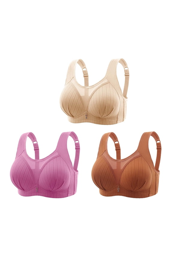Women's 3 Pack Plus Size Everyday Bra Seamless Mesh Middle-Aged Elder Stripe Ruched Wirefree Bralette Underwear Teens Push Up Comfort Bra Breathable Pink L