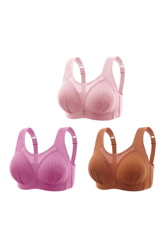 Women's 3 Pack Plus Size Everyday Bra Seamless Mesh Middle-Aged Elder Stripe Ruched Wirefree Teens Bralette Underwear Breathable Comfort Bra Push Up Pink XL
